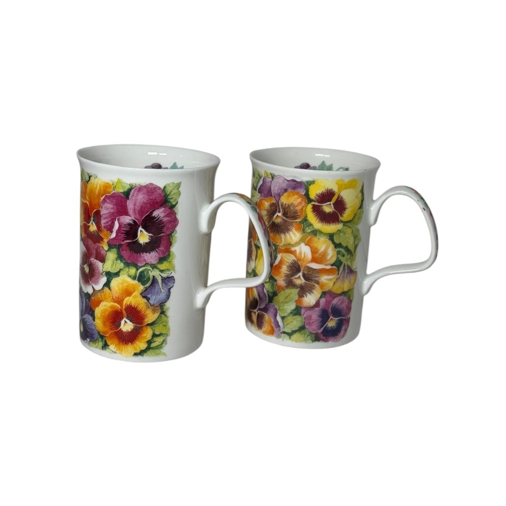 Roy Kirkham Pansy Fine Bone China‎ Mugs Set of 2 England 1994 Floral Coffee Tea